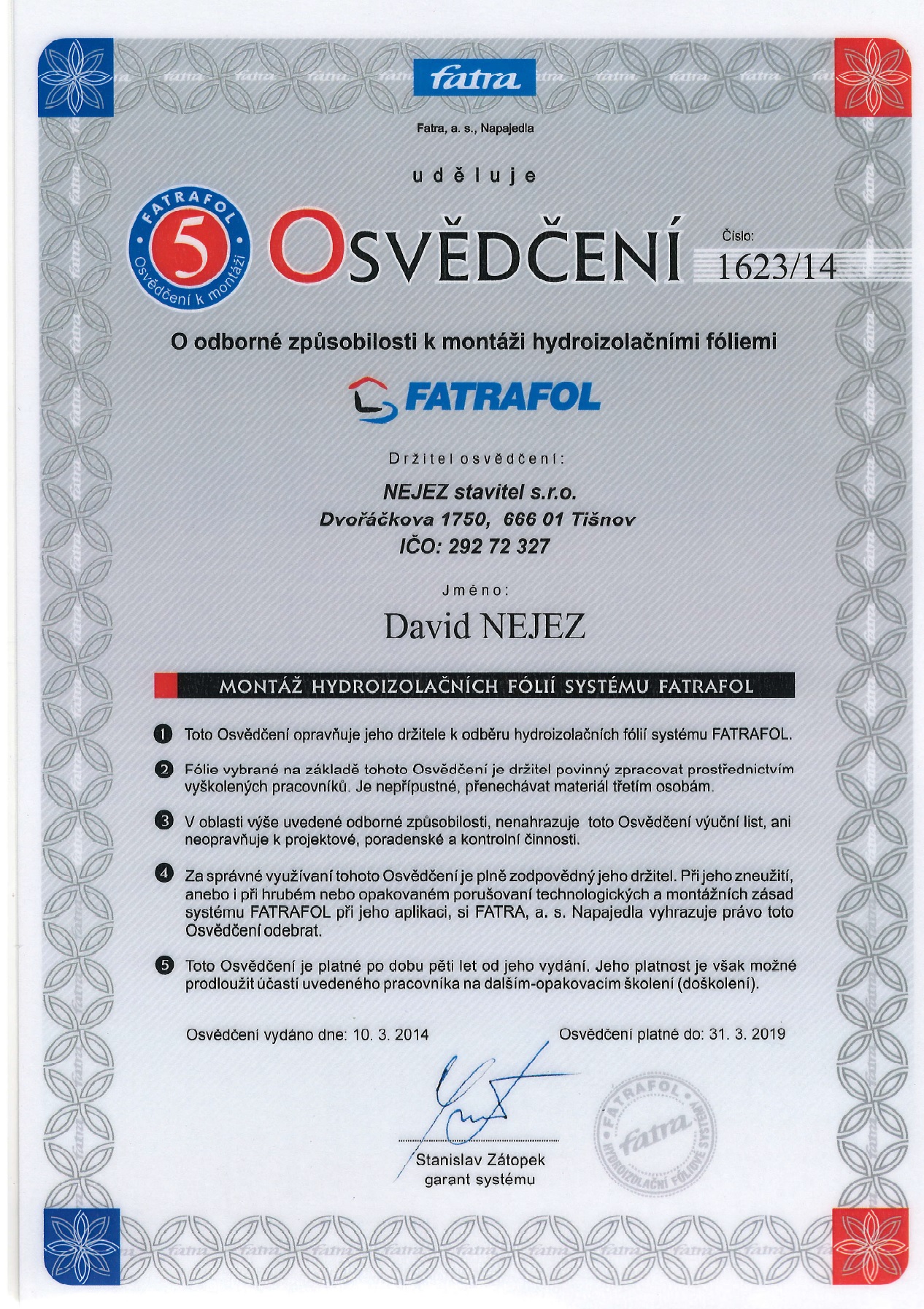 Certifikát Fatra